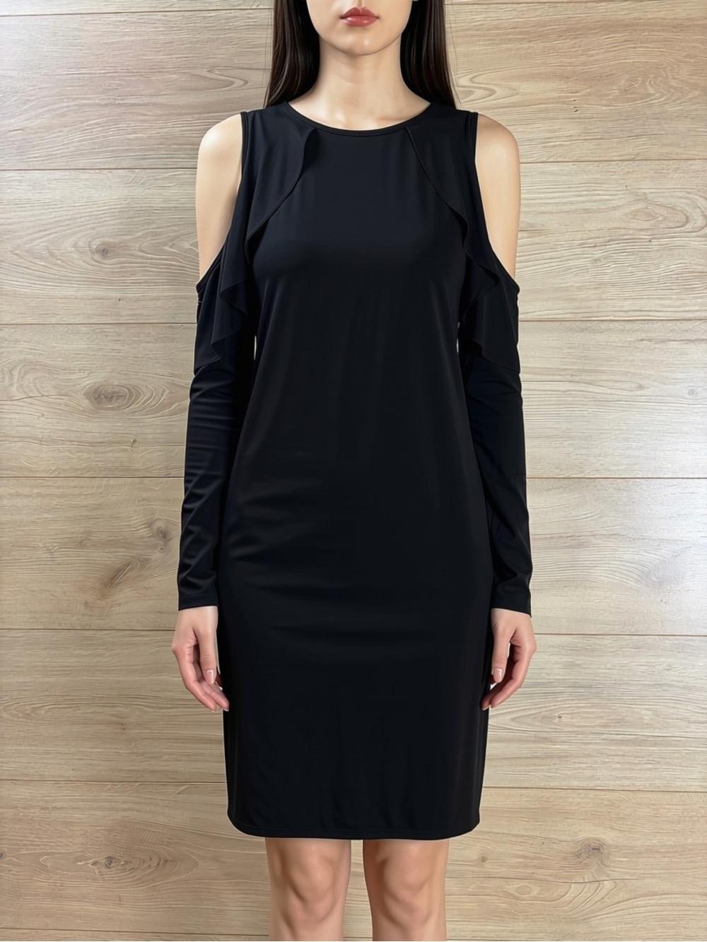 Three Dots Cold-Shoulder Ruffle Long-Sleeve Sheath Dress